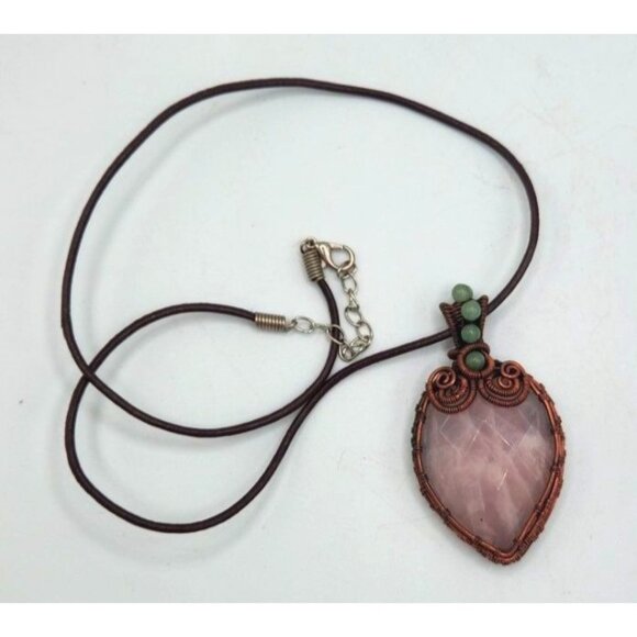 Rose Quartz Gemstone Copper Wire Wrapped Handmade Jewelry Pendant - Picture 3 of 3